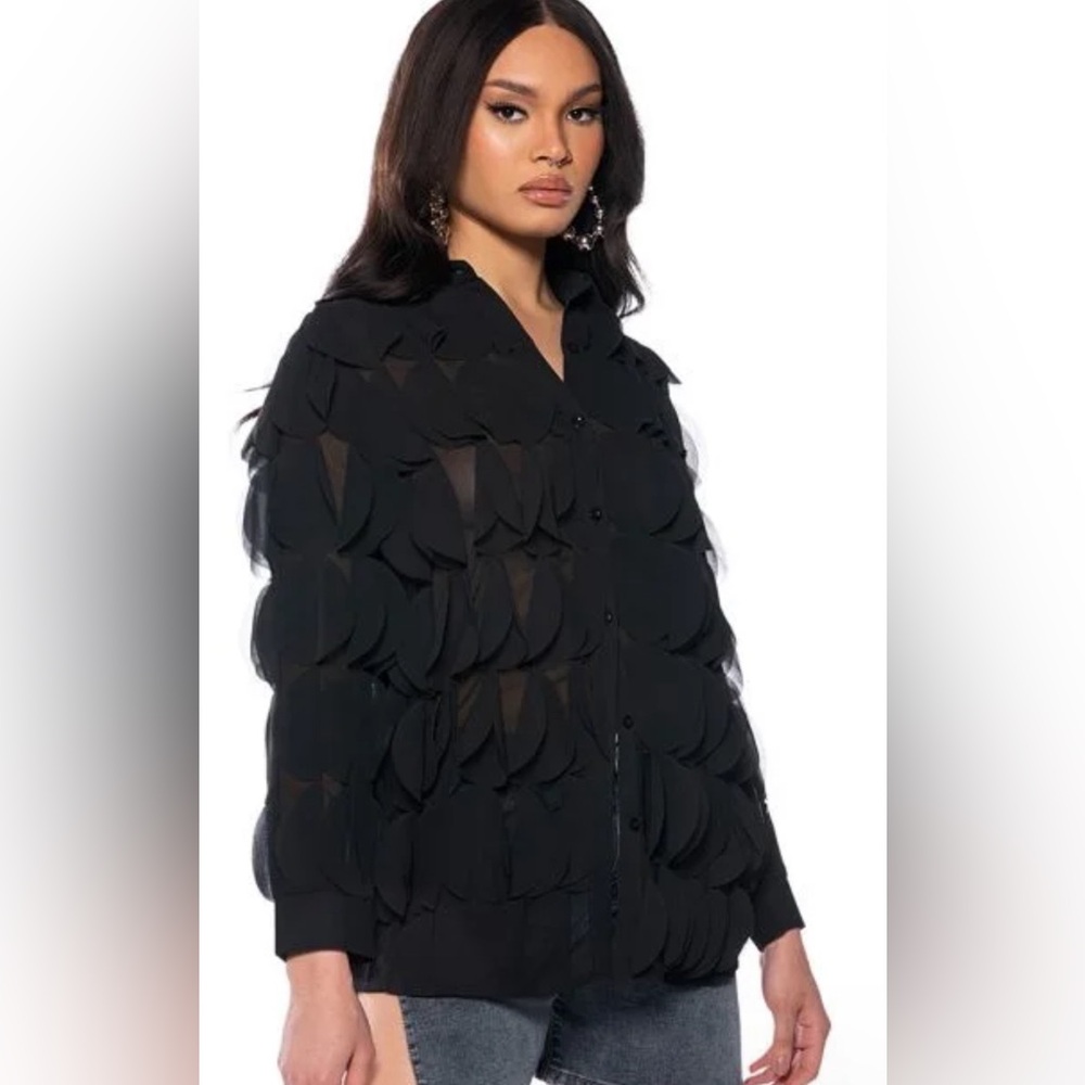 NEW - Black Texture Button Up Black Blouse - Size L